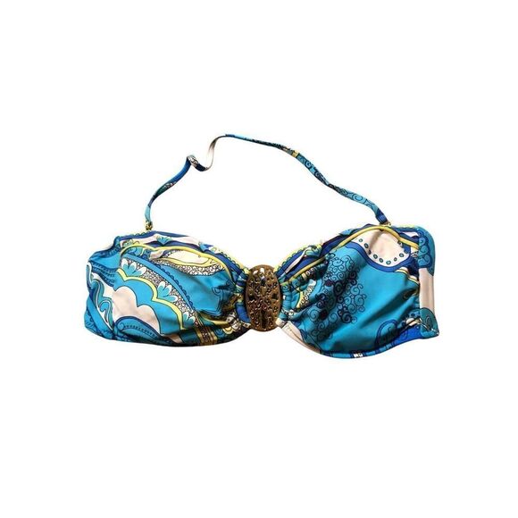 Trina Turk blue and yellow with golden accent center piece bikini top size 12 - Picture 1 of 9